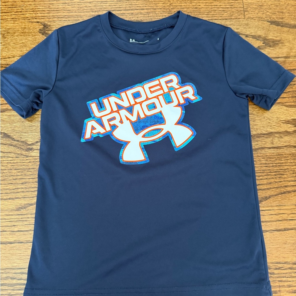 Under Armour Navy Short Sleeve Tee with Orange & White Logo